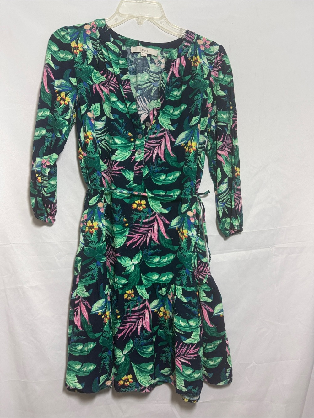 LOFT Navy Tropical Leaf Print Tie Waist Long Sleeve Mini Dress